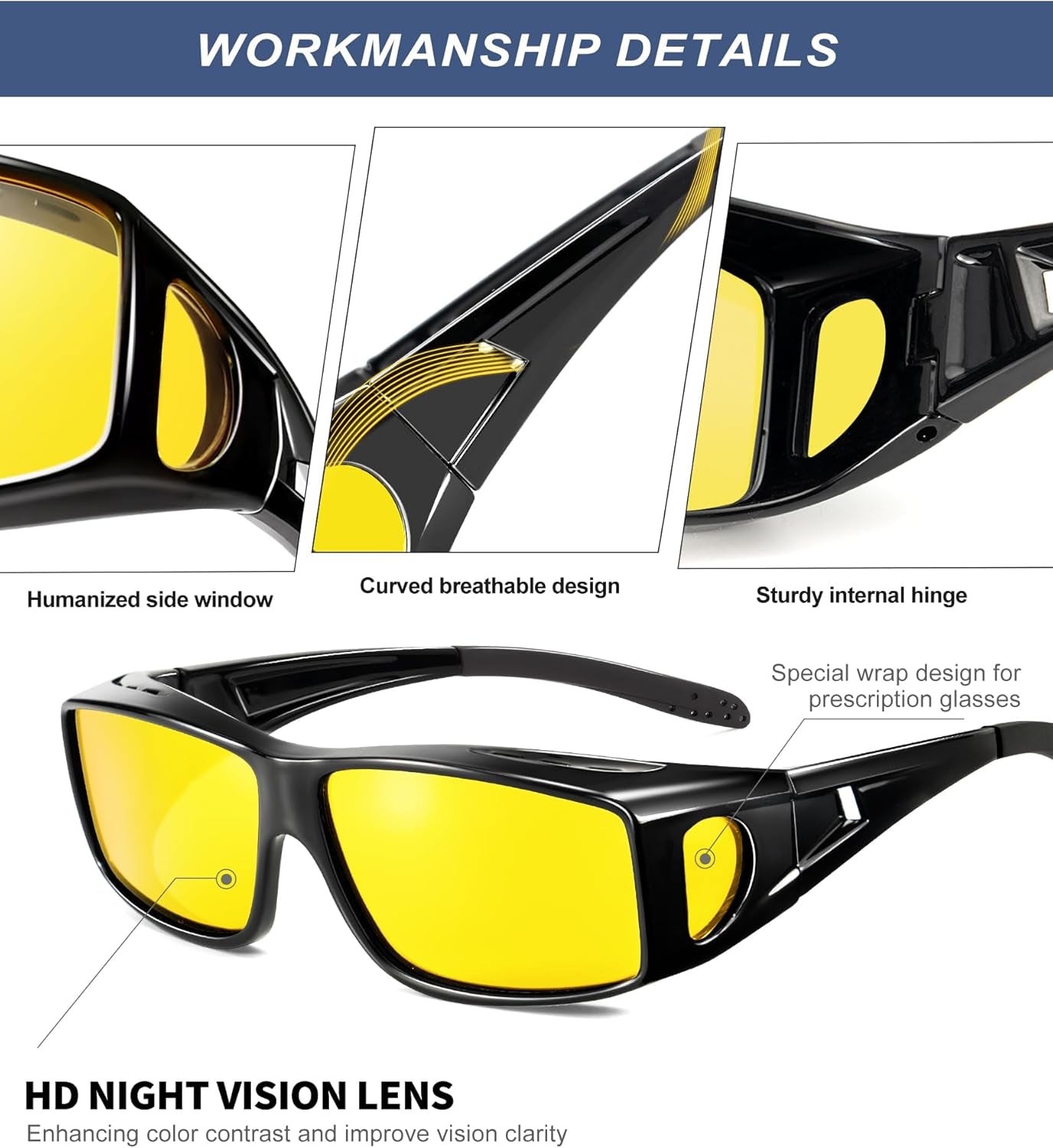 Night-Vision-Glasses Fit-Over-Glasses Wrap-Around Glasses: anti Glare Night Driving Glasses for Men Women HD Lens