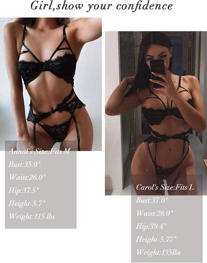Garter Lingerie for Women, Eyelash Lace Underwire Lingerie Set, 3 Piece Bra and Panty, Sexy Valentine Black Small