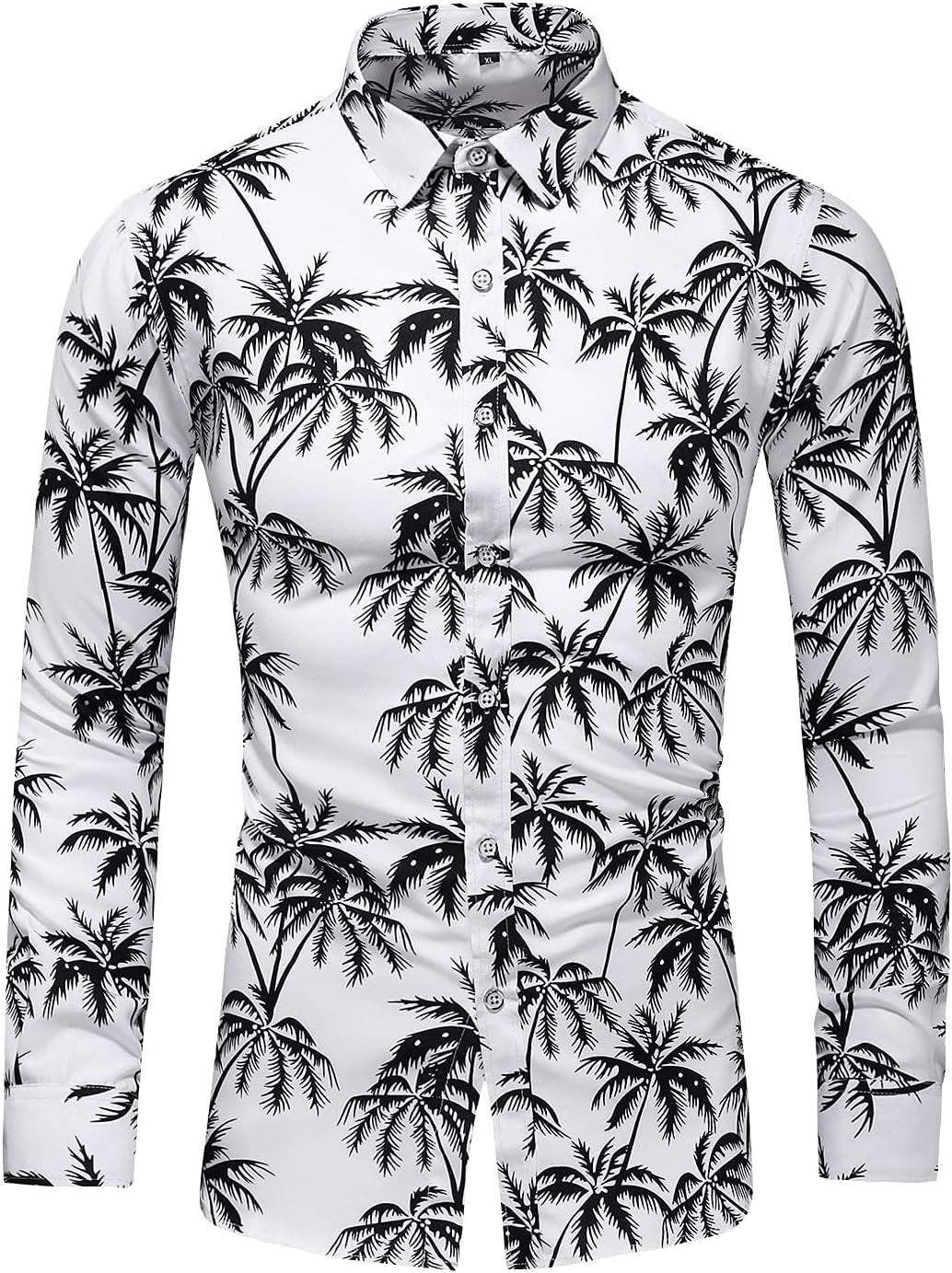 Men'S Printed Beach Hawaiian Button-Down Slim Fit Long Sleeve Dress Shirt (7015 White, Large)