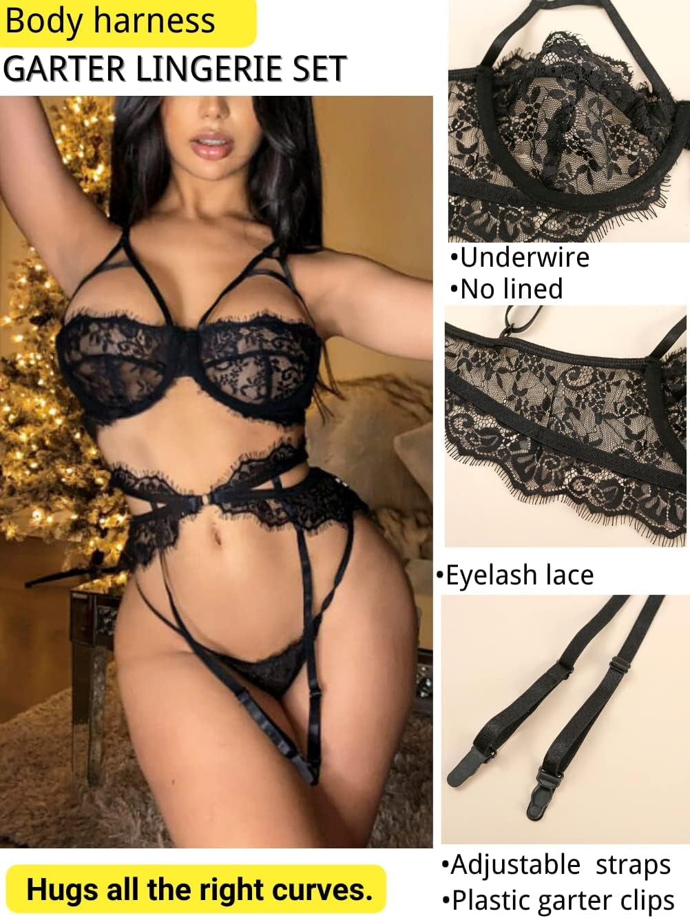 Garter Lingerie for Women, Eyelash Lace Underwire Lingerie Set, 3 Piece Bra and Panty, Sexy Valentine Black Small
